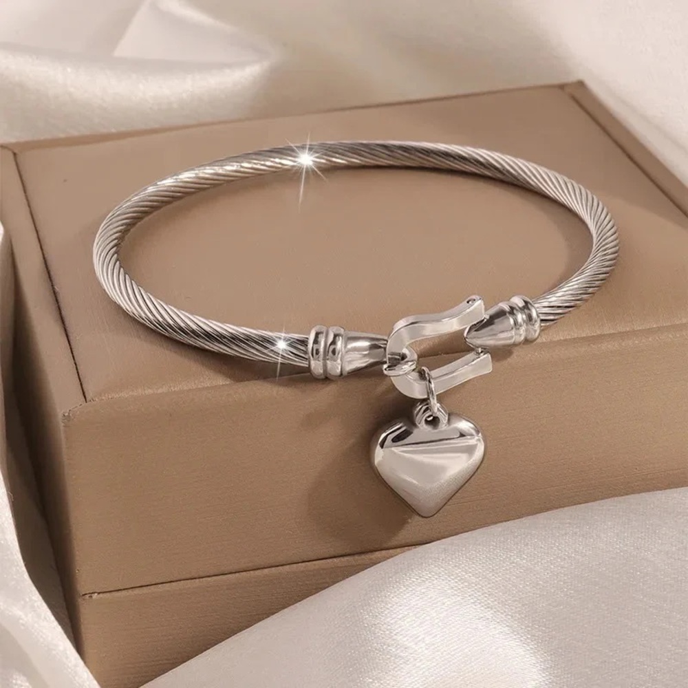 Silver Heart Coil Style Bangle - Picture 4 of 8